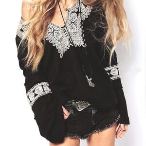 Free People Bell Sleeve Embroidered Pull Over Sweater 0009